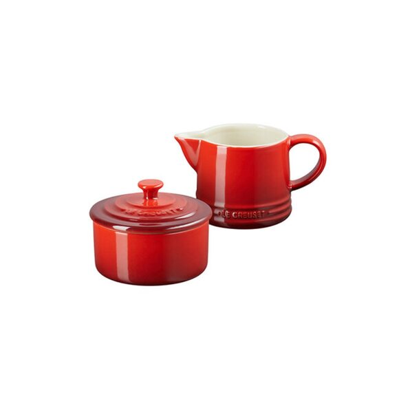 Le Creuset Stoneware Signature Cream and Sugar Set Cerise Cherry Red NEW - Picture 1 of 16